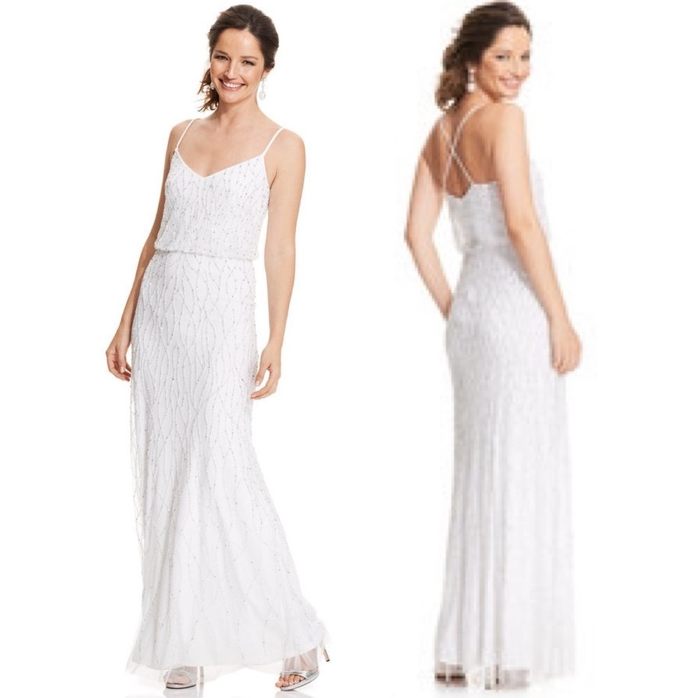 Adrianna Papell Ivory Beaded Long Maxi Spaghetti Strap Dress - Size 2